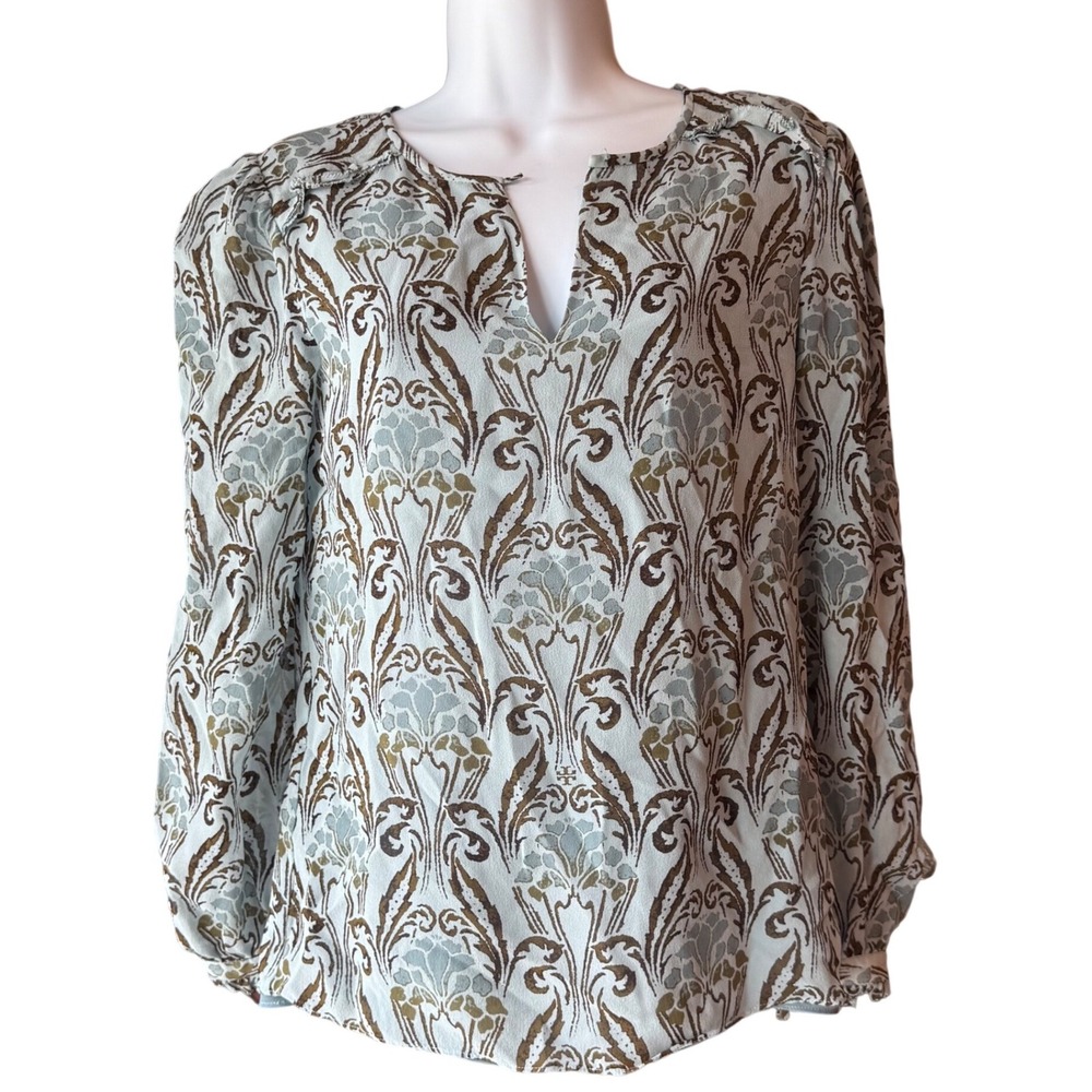 Tory Burch Silk Blouse Size 2 Blue Brown Art Nouveau Print‎ Long Sleeve Boho Top